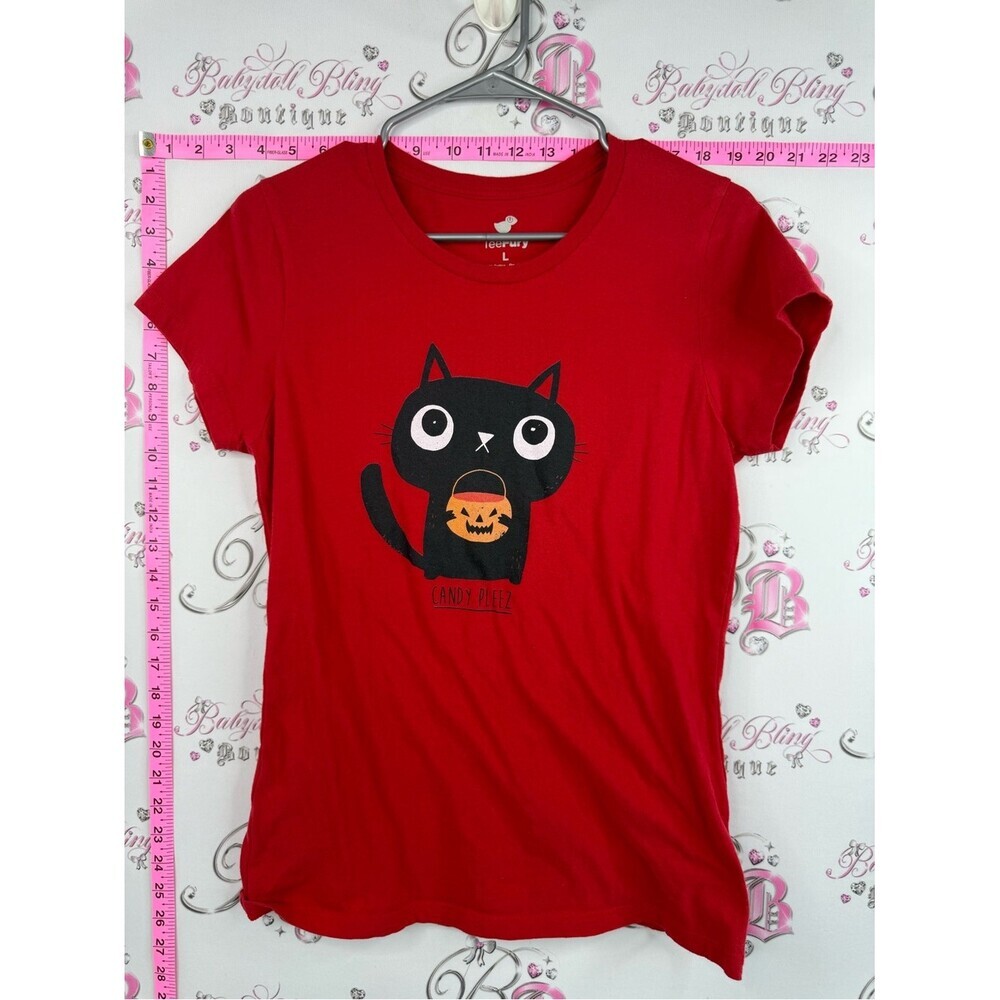 TeeFury Candy Pleez Red Halloween Cat Graphic Tee - Women’s Short Sleeve